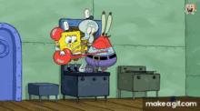 spongebob and squidward from spongebob squarepants are playing a guitar