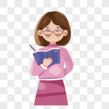 a woman in a pink sweater is holding a book and a pen