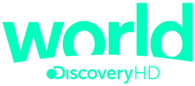 a green logo for world discovery hd is shown on a white background