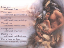 a painting of a man and a woman with the words love me without fear