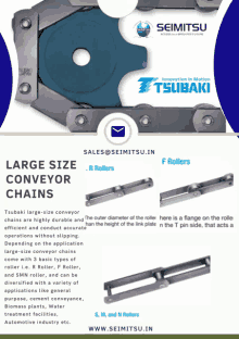 an advertisement for large size conveyor chains by tsubaki