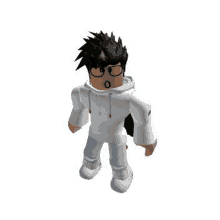 a roblox character wearing a white hoodie and blue jeans .