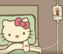 a cartoon of hello kitty laying in a hospital bed with an iv .