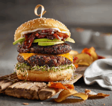 a close up of a stacked hamburger on a cutting board