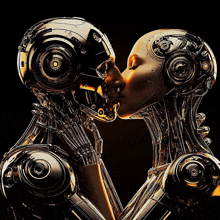 a couple of robots kissing each other with the letters a and b on their faces