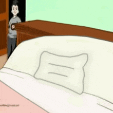 a cartoon of a man standing in front of a bed