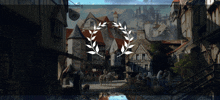 a picture of a medieval town with a laurel wreath on it