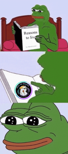 a cartoon frog reading a book titled reasons to live