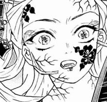 a black and white drawing of a demon slayer character with a flower on her face .