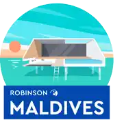 a logo for robinson maldives shows a house in the ocean
