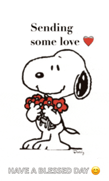 a cartoon of snoopy holding flowers with the words sending some love