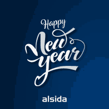 a blue background with happy new year alsida written on it