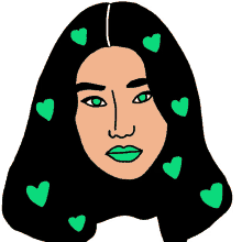 a cartoon of a woman with green hearts in her hair