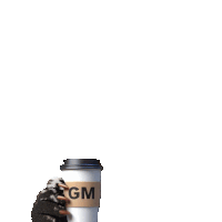 a cup of coffee with a gm sleeve on it