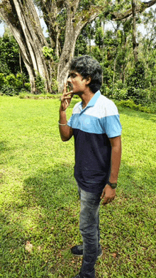 a man in a blue and white shirt is standing in a grassy field