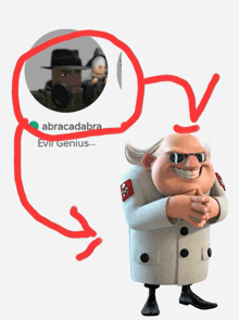 a drawing of abracadabra evil genius next to a picture of him