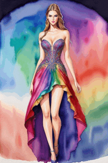 a woman in a rainbow dress with a high low skirt