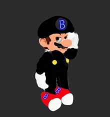 a cartoon character wearing a black hat with a blue letter b on it