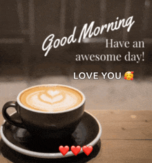 a cup of coffee on a saucer with the words " good morning have an awesome day "