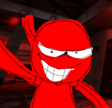 a drawing of a red cartoon character with a big smile