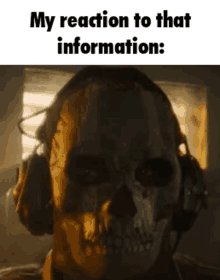 a skeleton wearing headphones with the caption my reaction to that information .