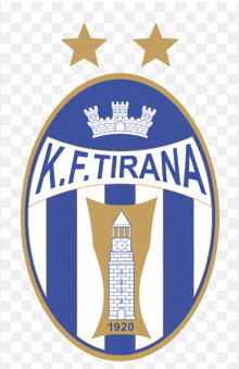 a blue and white emblem for k.f. tirana with a lighthouse