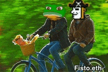 two people are riding bicycles with a basket and a frog on their heads .