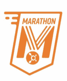 an orange and white logo for the marathon with an orange medal