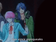 a group of anime characters are standing next to each other and one of them says vyn vince pipsqueaks .