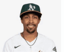 a baseball player wearing a green hat and a white shirt is smiling .