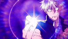 a man with white hair and blue eyes is holding a light in his hand in front of a purple background .