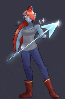 a drawing of a woman with long red hair holding a blue spear