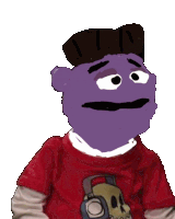 a purple cartoon character wearing a red shirt and a hat