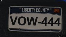 a liberty county license plate with the letters vow-444 on it