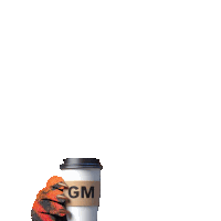 a gm coffee cup is being held by a small animal