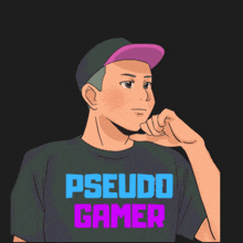 a man wearing a black t-shirt that says " pseudo gamer "