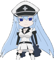 a cartoon drawing of a girl with long blue hair and a white hat with a cross on it