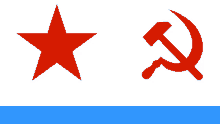 a red star and a red hammer and sickle on a white and blue background