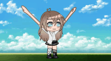 a girl with her arms outstretched is standing in a field