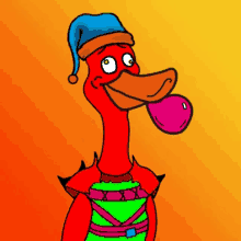 a cartoon of a red duck wearing a blue hat and a green sweater