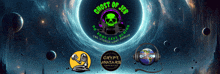 a logo for ghost of jer with a skull and headphones in front of a black hole