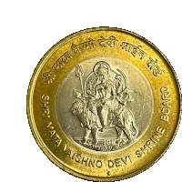 a gold and silver coin that says shri mata vaishno devi shrine board on it