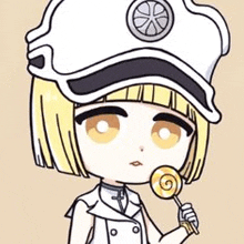 a cartoon girl wearing a white hat and holding a lollipop .