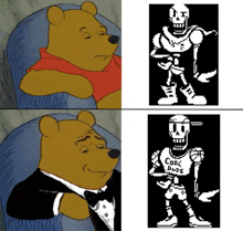 a cartoon of winnie the pooh in a tuxedo and a picture of papyrus