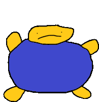 a cartoon drawing of a yellow turtle with a blue shirt on