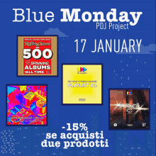 an advertisement for blue monday pdj project shows a rolling stone 500 spinning albums all time