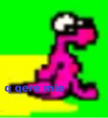 a pixel art of a pink worm with the words " a gere mie " in blue