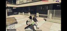 a screenshot of a video game shows two people fighting in front of a building