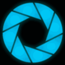 a blue circle with a black background is a camera shutter