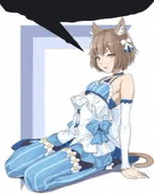 a girl with cat ears is sitting on the floor with a speech bubble above her head .